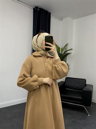 Pera Önü Düğmeli Sweat Elbise SütlüKahve