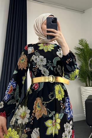 Perla Kemerli Şifon Elbise Siyah