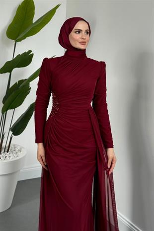 Perlina Yandan İncili Abiye Bordo