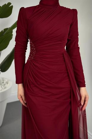 Perlina Yandan İncili Abiye Bordo