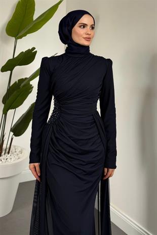 Perlina Yandan İncili Abiye Lacivert