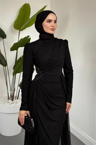 Perlina Yandan İncili Abiye Siyah