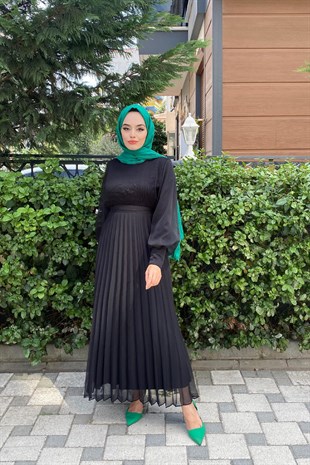 Piliseli Şifon Tesettür Abiye Siyah