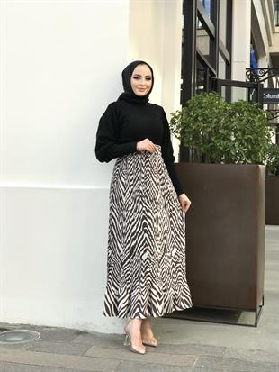 Piliseli Zebra Desen Etek Kahverengi