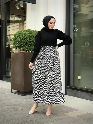 Piliseli Zebra Desen Etek Siyah