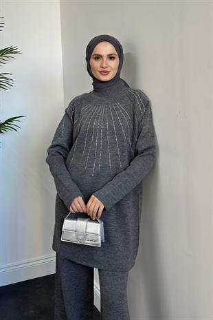 Presley Taşlı Triko Takım Gri