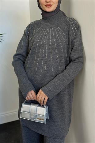 Presley Taşlı Triko Takım Gri