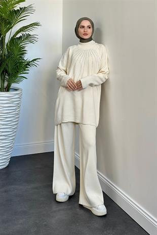 Presley Taşlı Triko Takım Krem