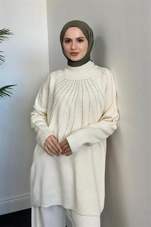 Presley Taşlı Triko Takım Krem