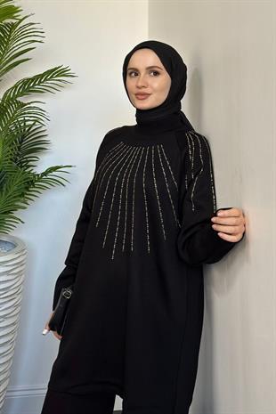 Presley Taşlı Triko Takım Siyah