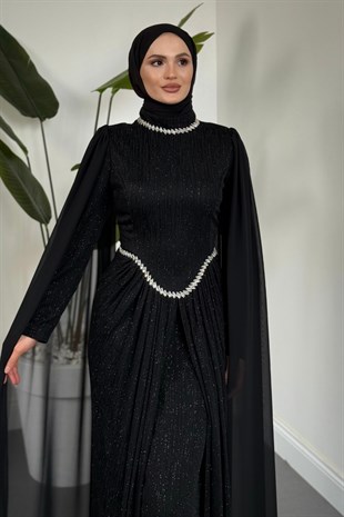 Prive Beli Taşlı Buzzy Abiye Siyah