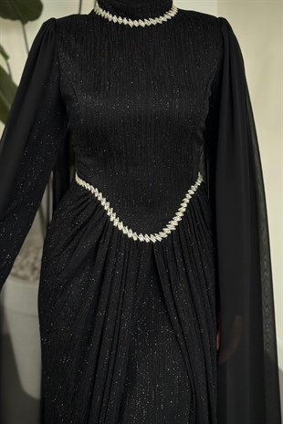 Prive Beli Taşlı Buzzy Abiye Siyah