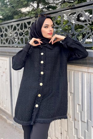 Püsküllü Düğmeli Gömlek Siyah