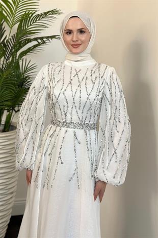 Rabelia Taşlı Abiye Beyaz (KEMERSİZ)