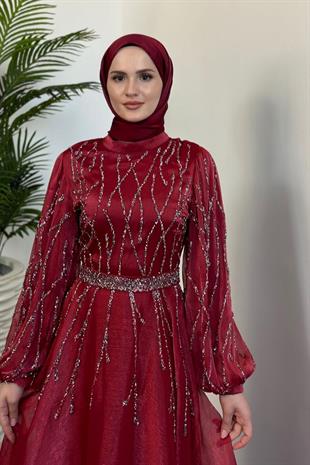 Rabelia Taşlı Abiye Kırmızı (KEMERSİZ)