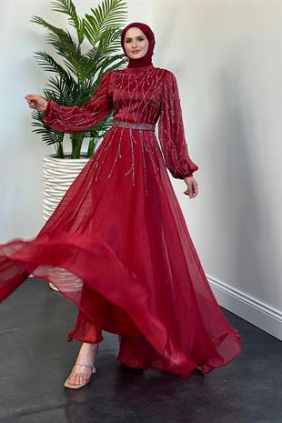 Rabelia Taşlı Abiye Kırmızı (KEMERSİZ)