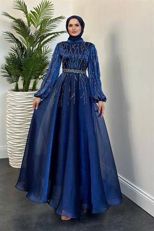 Rabelia Taşlı Abiye Lacivert (KEMERSİZ)