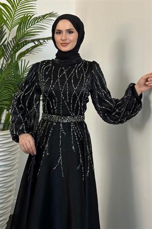 Rabelia Taşlı Abiye Siyah (KEMERSİZ)