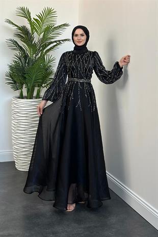 Rabelia Taşlı Abiye Siyah (KEMERSİZ)