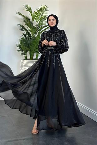 Rabelia Taşlı Abiye Siyah (KEMERSİZ)