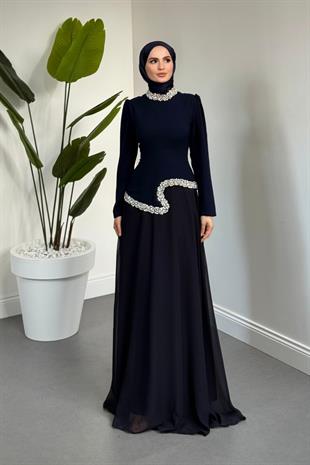 Ravell Boynu Ve Bel Kısmı Taşlı Abiye Koyu Lacivert