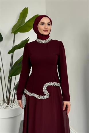 Ravell Boynu Ve Bel Kısmı Taşlı Abiye Vişne Çürüğü