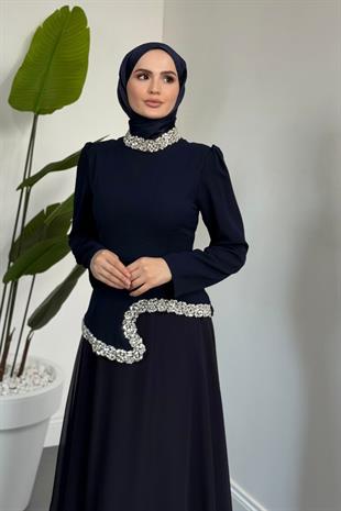 Ravell Boynu Ve Bel Kısmı Taşlı Abiye Koyu Lacivert