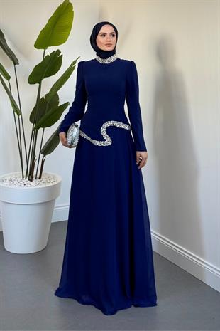 Ravell Boynu Ve Bel Kısmı Taşlı Abiye Lacivert