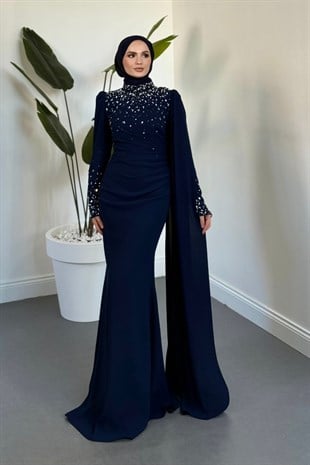 Ravina Pelerinli Balık Abiye Lacivert