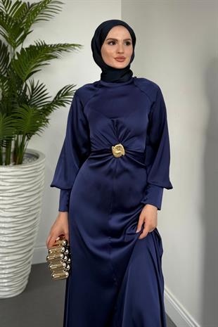 Reneta Seyyar Tokalı Saten Abiye Lacivert(TOKASIZ)