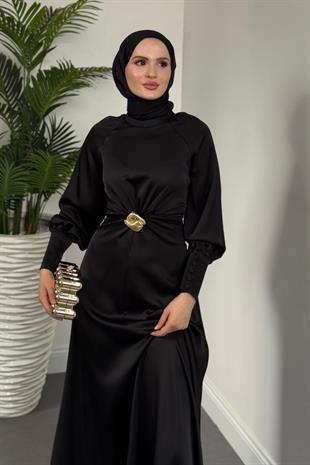 Reneta Seyyar Tokalı Saten Abiye Siyah(TOKASIZ)