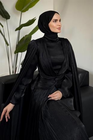 Rienne Pelerinli Pliseli Jan Jan Abiye Siyah