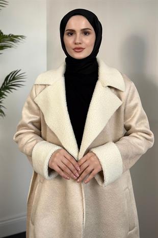 Rima İçi Yünlü Kaşe Kaban Krem