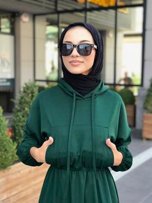 Rio Önü Cepli Elbise Zümrüt