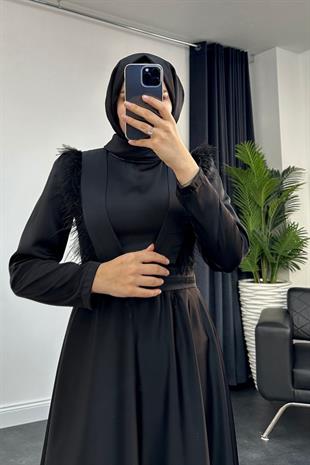 Rishi Tüy Detay Saten Abiye Siyah