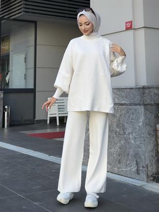 Rosa İncili Triko Takım Beyaz
