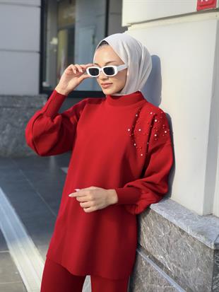 Rosa İncili Triko Takım Kırmızı