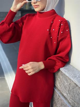 Rosa İncili Triko Takım Kırmızı