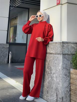 Rosa İncili Triko Takım Kırmızı