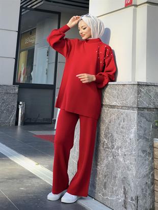 Rosa İncili Triko Takım Kırmızı