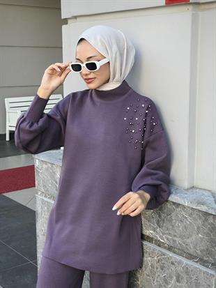 Rosa İncili Triko Takım Mor