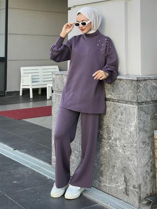 Rosa İncili Triko Takım Mor