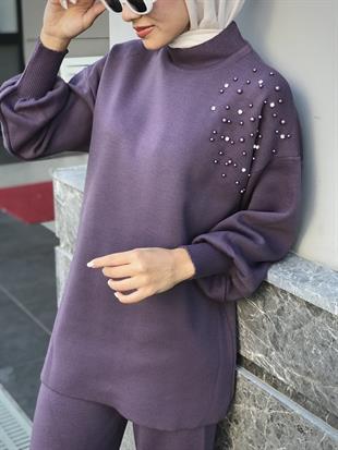 Rosa İncili Triko Takım Mor