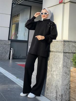 Rosa İncili Triko Takım Siyah