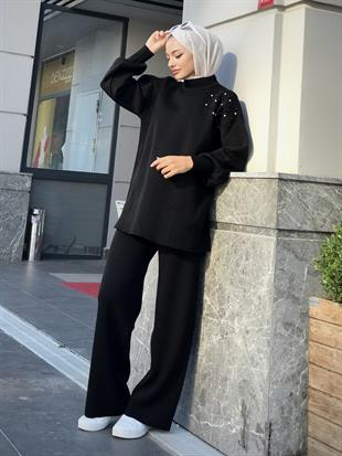 Rosa İncili Triko Takım Siyah