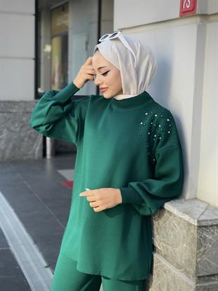 Rosa İncili Triko Takım Zümrüt