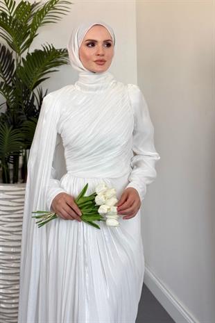 Rosalinne Tek Omuz Pelerinli Drapeli Jan Jan Abiye Beyaz 