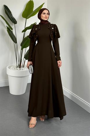 Roxana Taşlı Krep Abiye Kahverengi