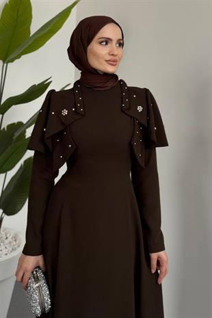 Roxana Taşlı Krep Abiye Kahverengi