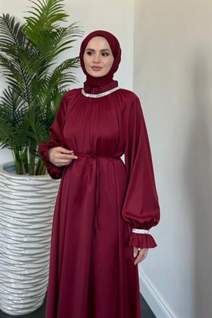 Rozie Kolları Ve Boynu Taşlı Abiye Bordo